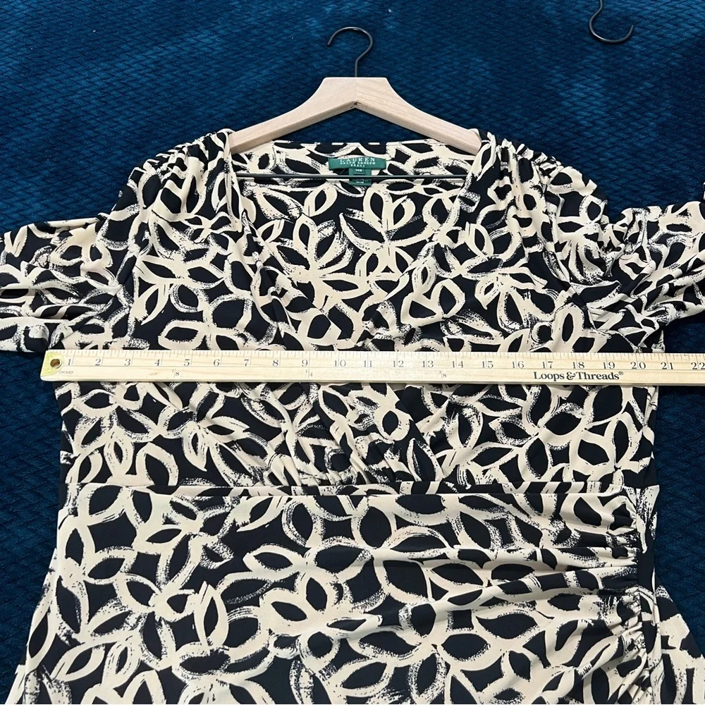 Ralph Lauren Black Tan Floral Stretch Jersey Knit 3/4 Sleeve Faux Wrap Dress 14W
